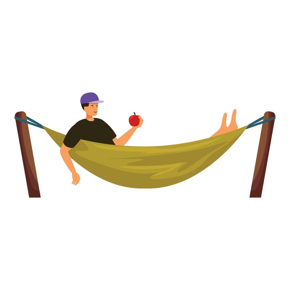 Young man relaxing in hammock and eating apple vector