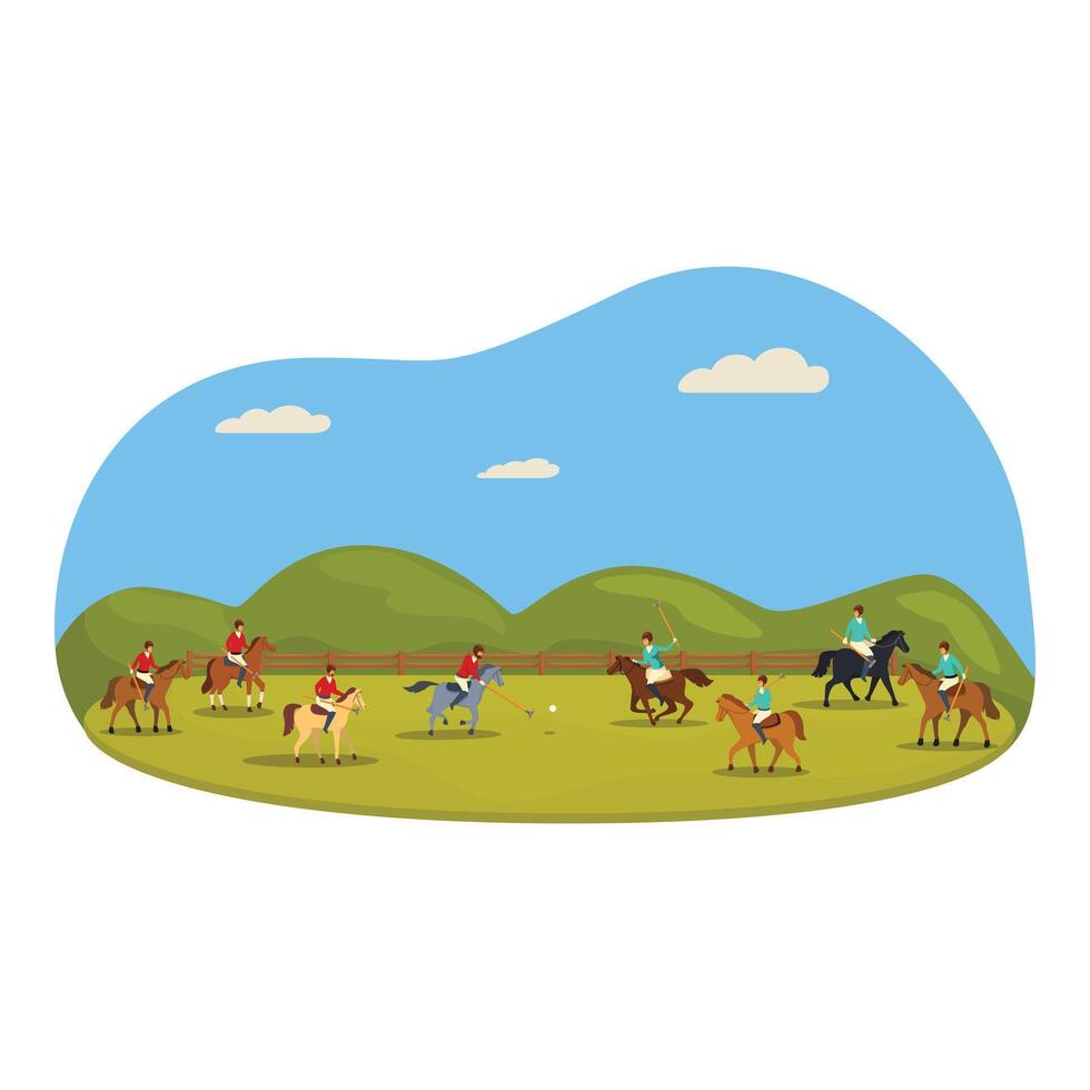 Equestrian polo players riding horses and competing in tournament on field vector