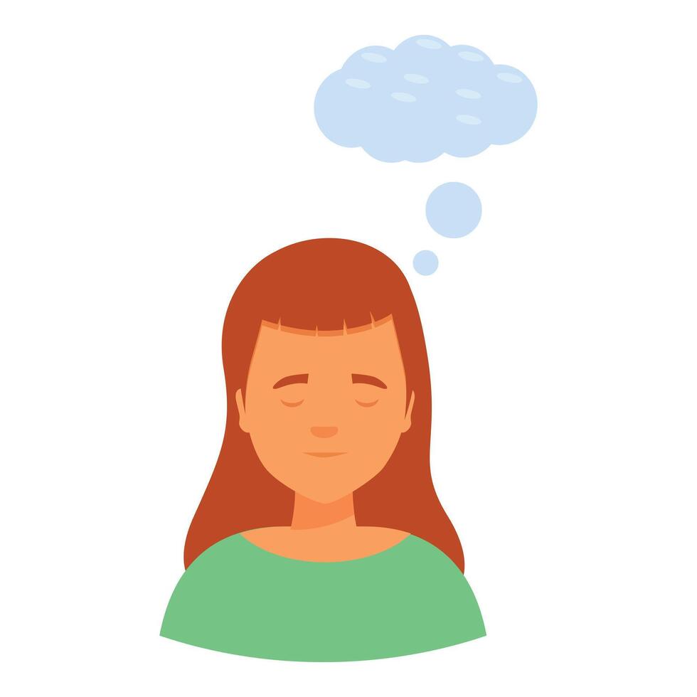 Young woman thinking with thought bubble above her head, contemplating, making decision, finding inspiration vector