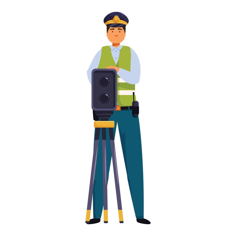 Police officer monitoring speed limit using radar gun on tripod vector
