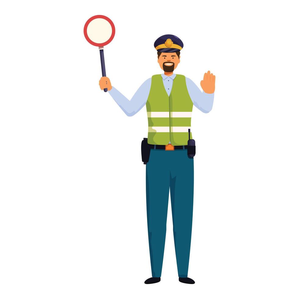 Friendly police officer holding stop sign and signaling to stop traffic vector