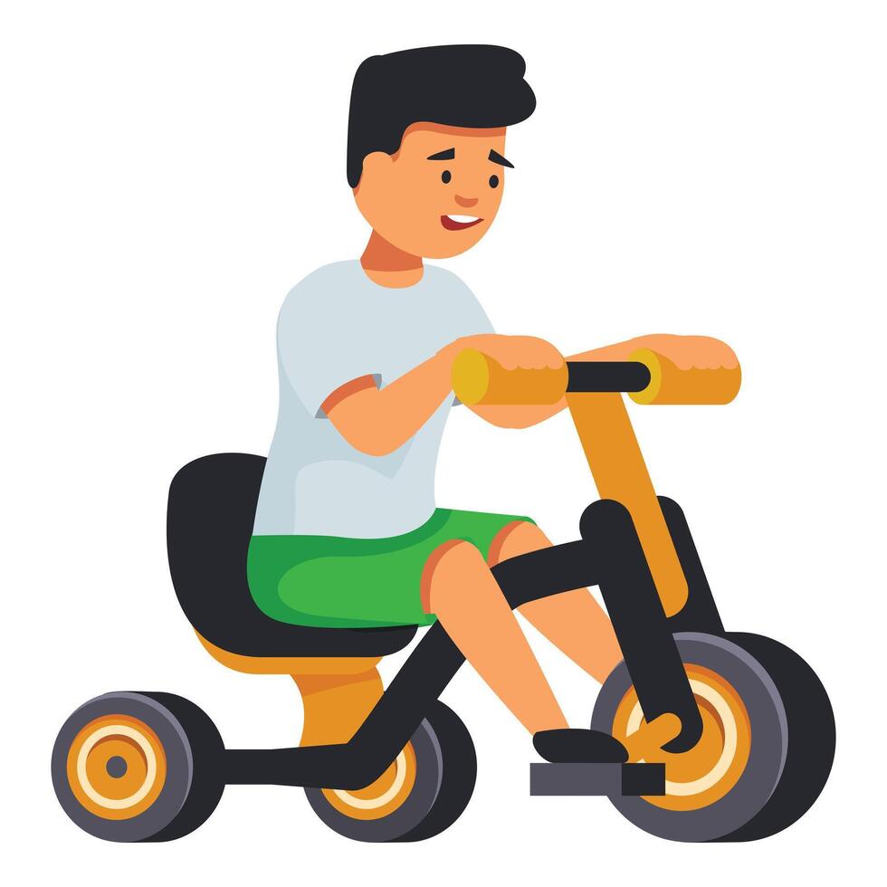 Happy boy riding a yellow tricycle having fun vector