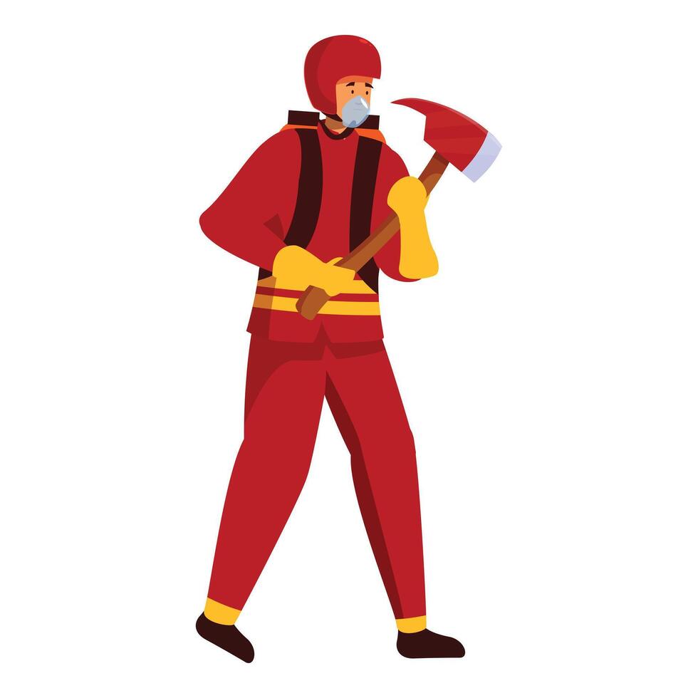 Firefighter walking and holding axe wearing protective gear vector