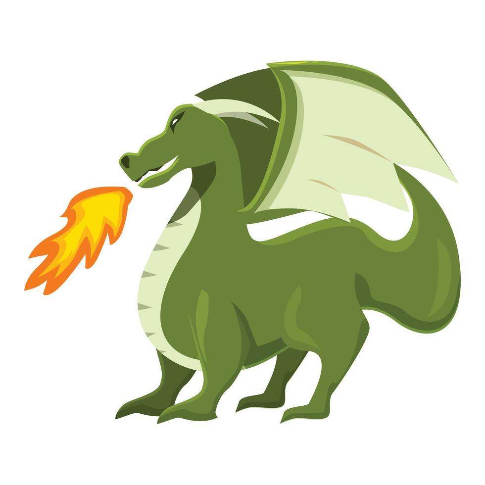 Green dragon breathing fire with large wings vector