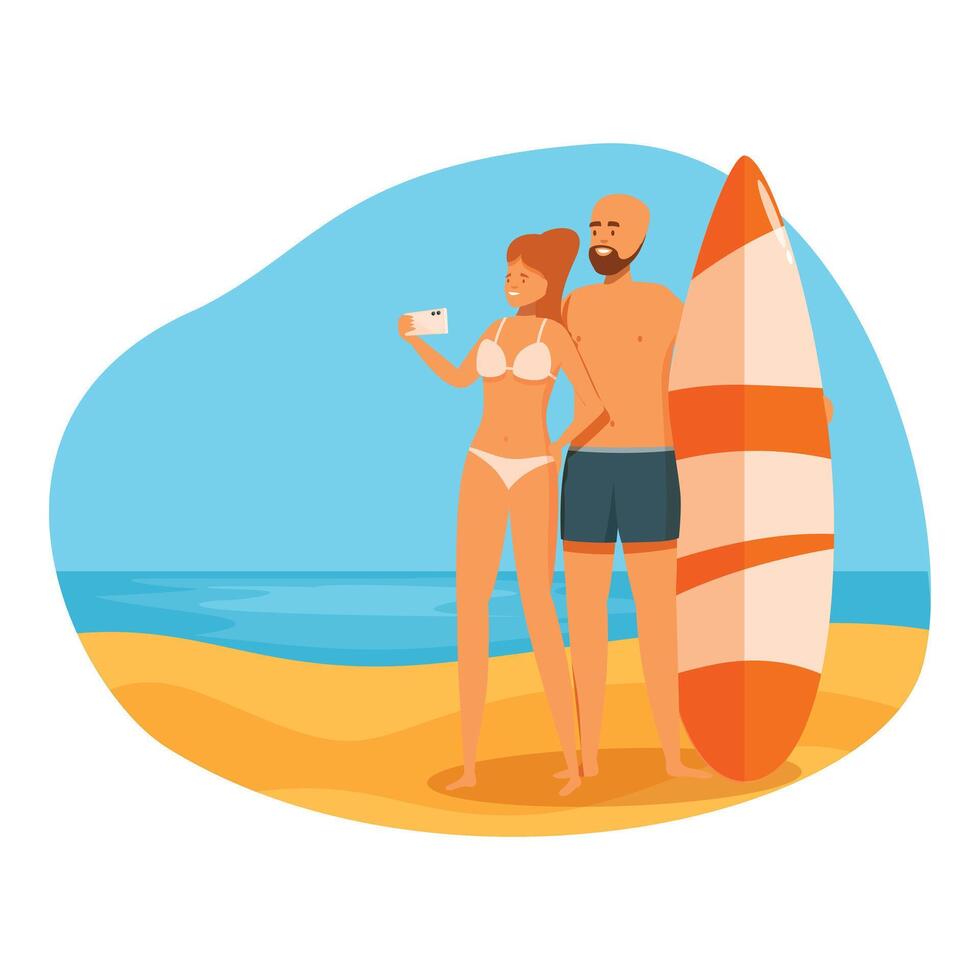 Couple taking selfie on beach with surfboard vector
