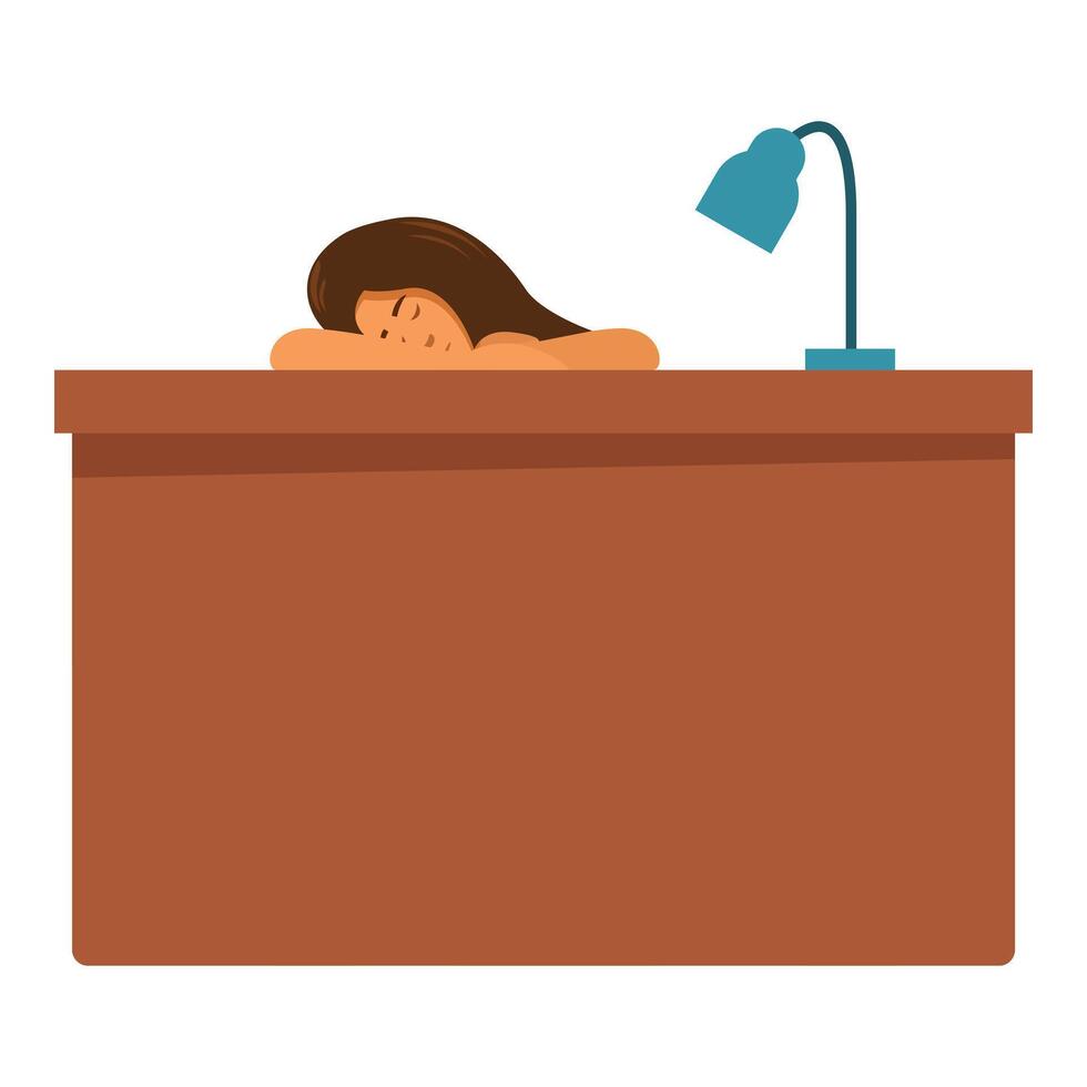Young office worker sleeping at desk with head down on wood grain surface vector