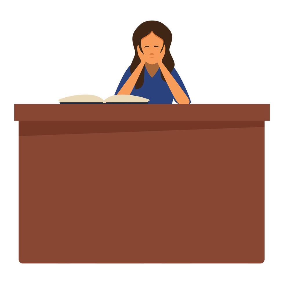 Sad and tired student girl sitting at desk, exhausted from studying vector