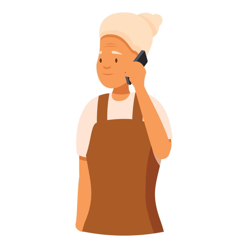 Senior woman wearing apron is talking on the phone vector