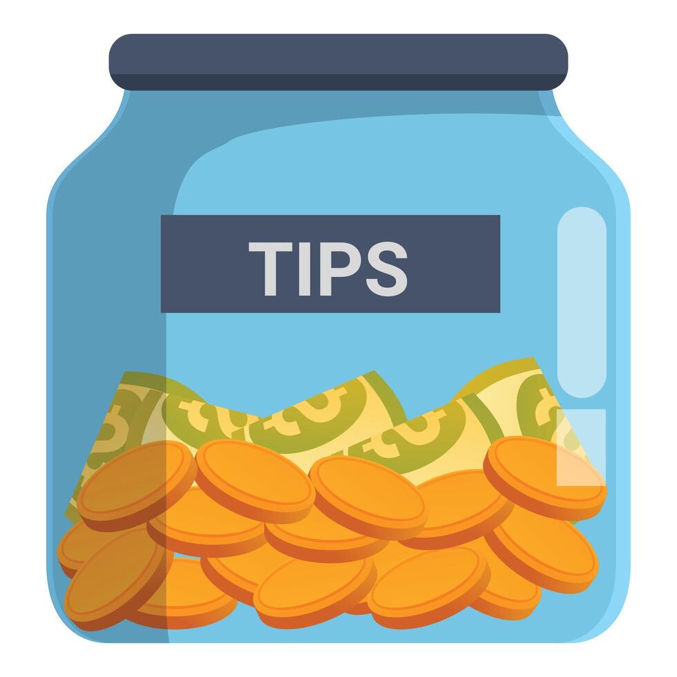 Glass tip jar filled with money and bills for service industry workers vector