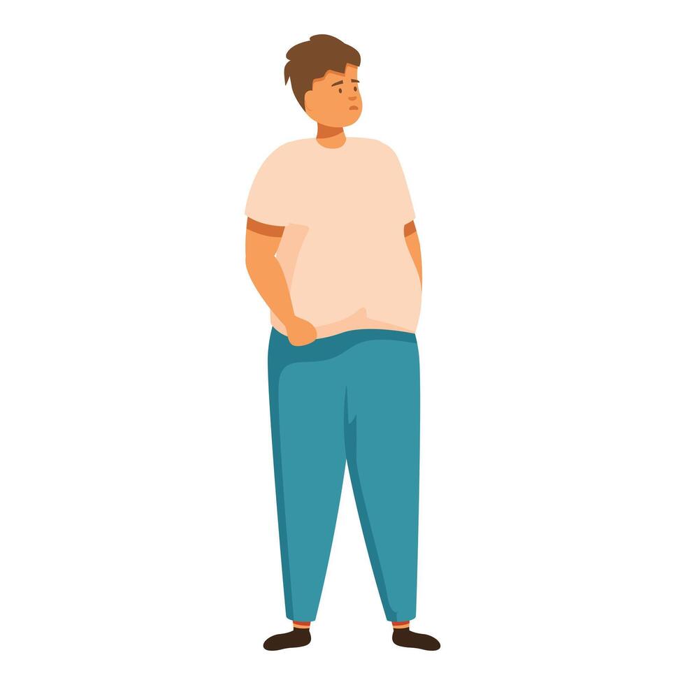 Overweight man standing and looking worried about his weight vector