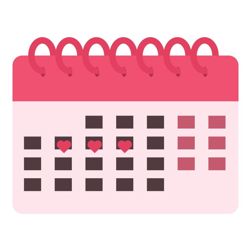 Calendar showing menstrual cycle with red hearts marking period days vector