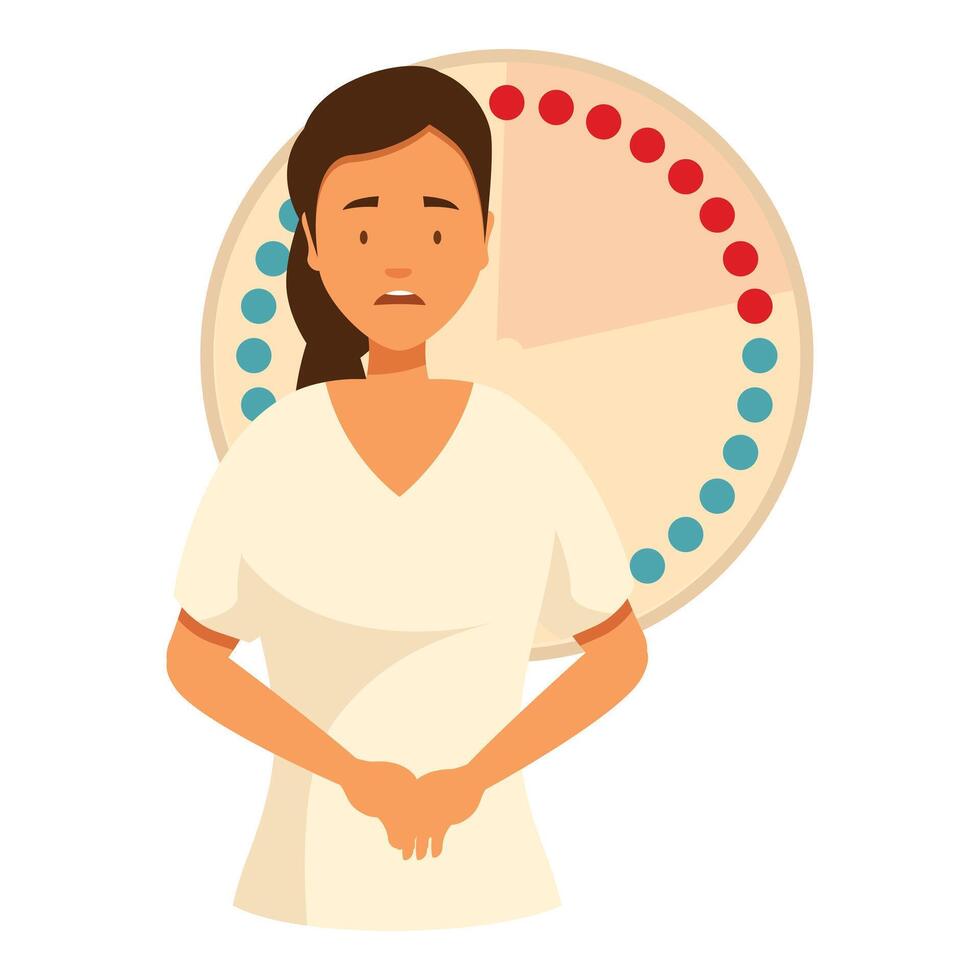 Young woman suffering from pms with menstrual cycle calendar showing vector