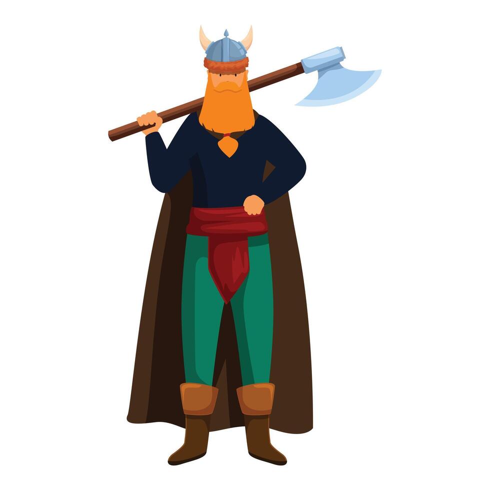 Strong viking holding axe on shoulder wearing traditional clothes vector