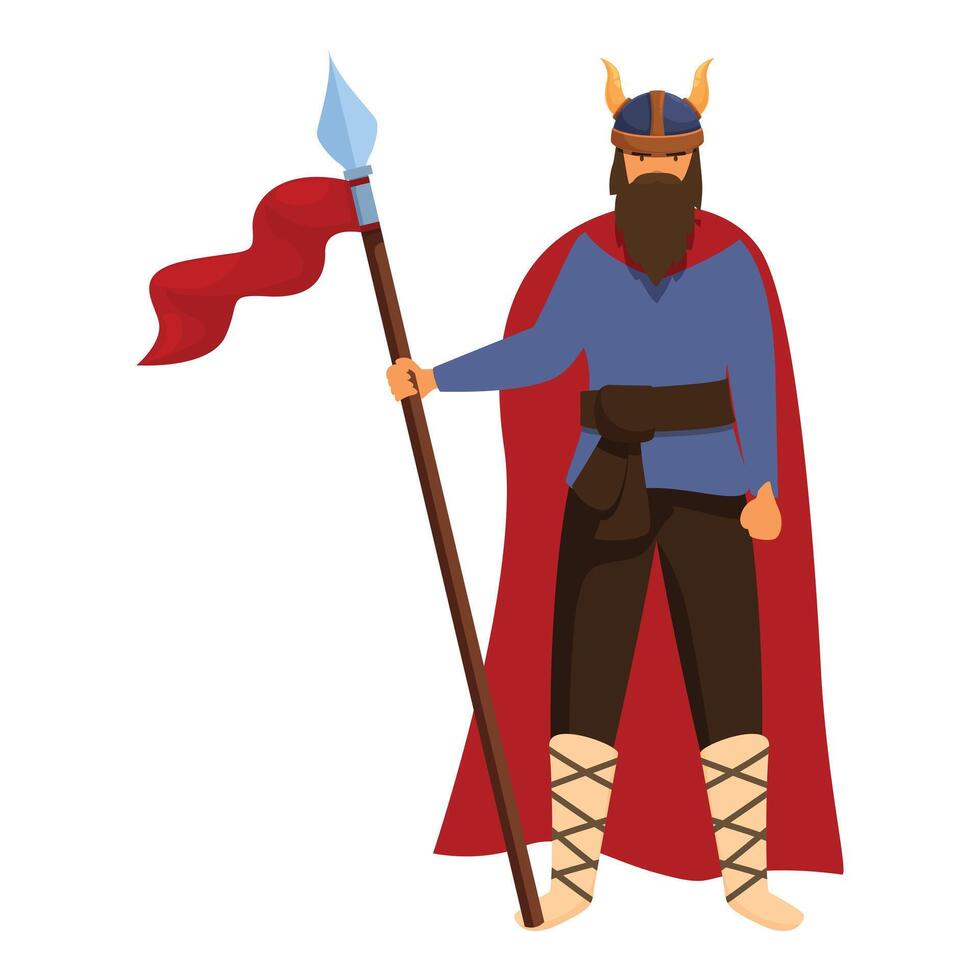 Powerful viking warrior holding spear and red flag vector