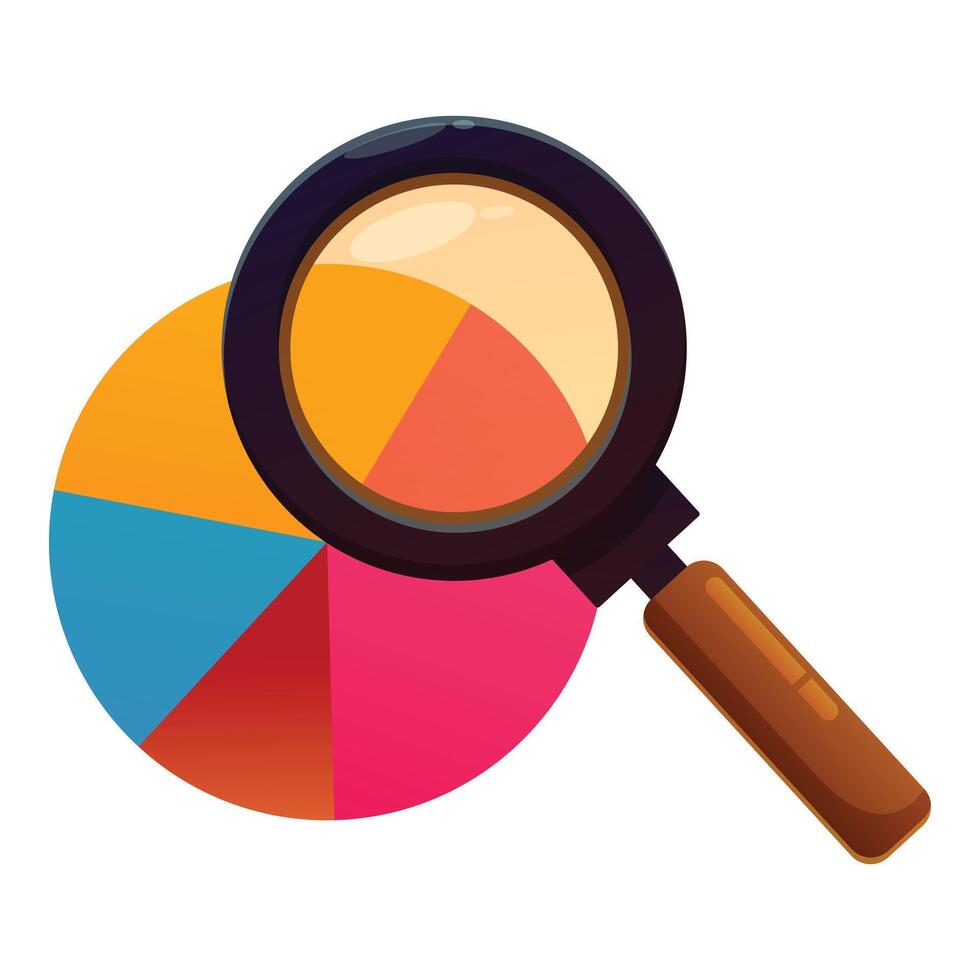 Magnifying glass examining colorful pie chart representing market research and data analysis vector