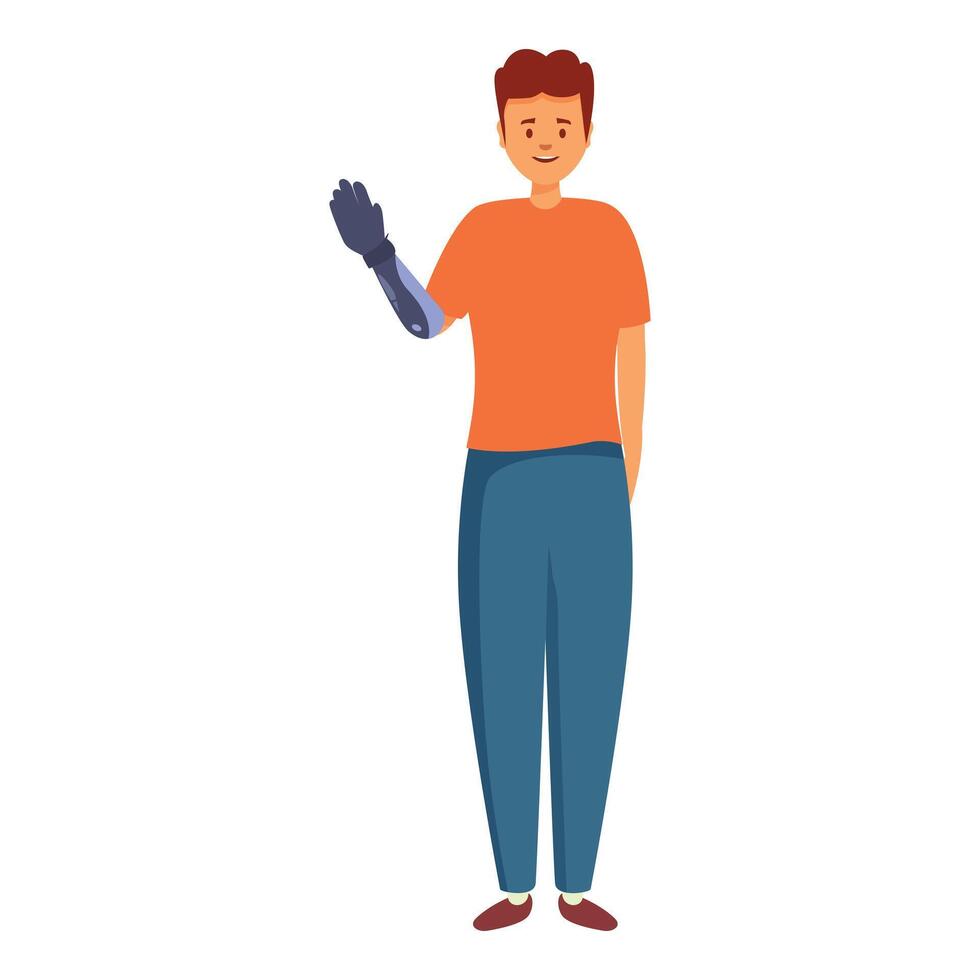 Young man with prosthetic arm waving and smiling vector