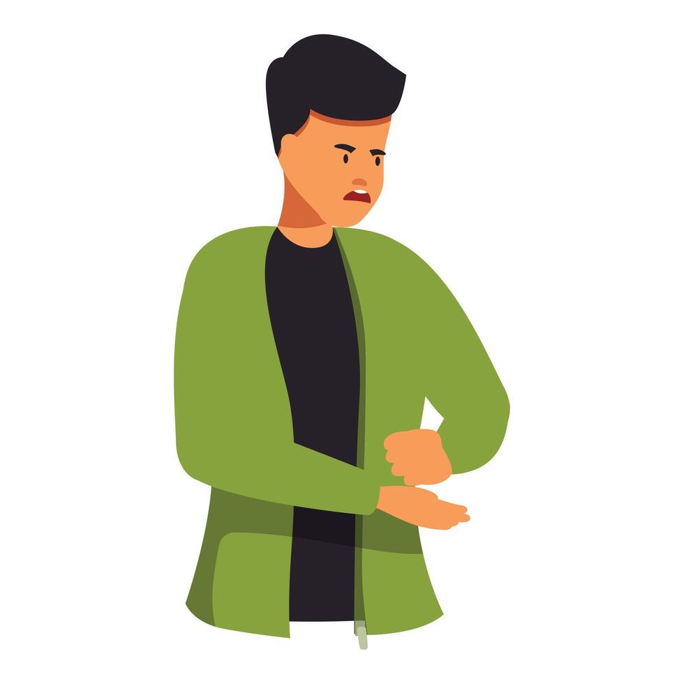 Young man showing nervous body language pulling on sleeve vector