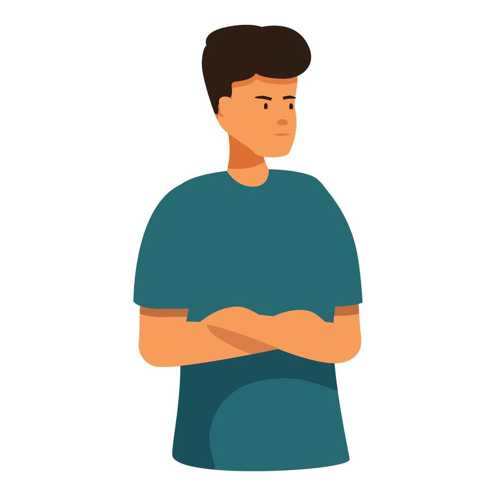 Young man crossing arms looking away with neutral facial expression vector