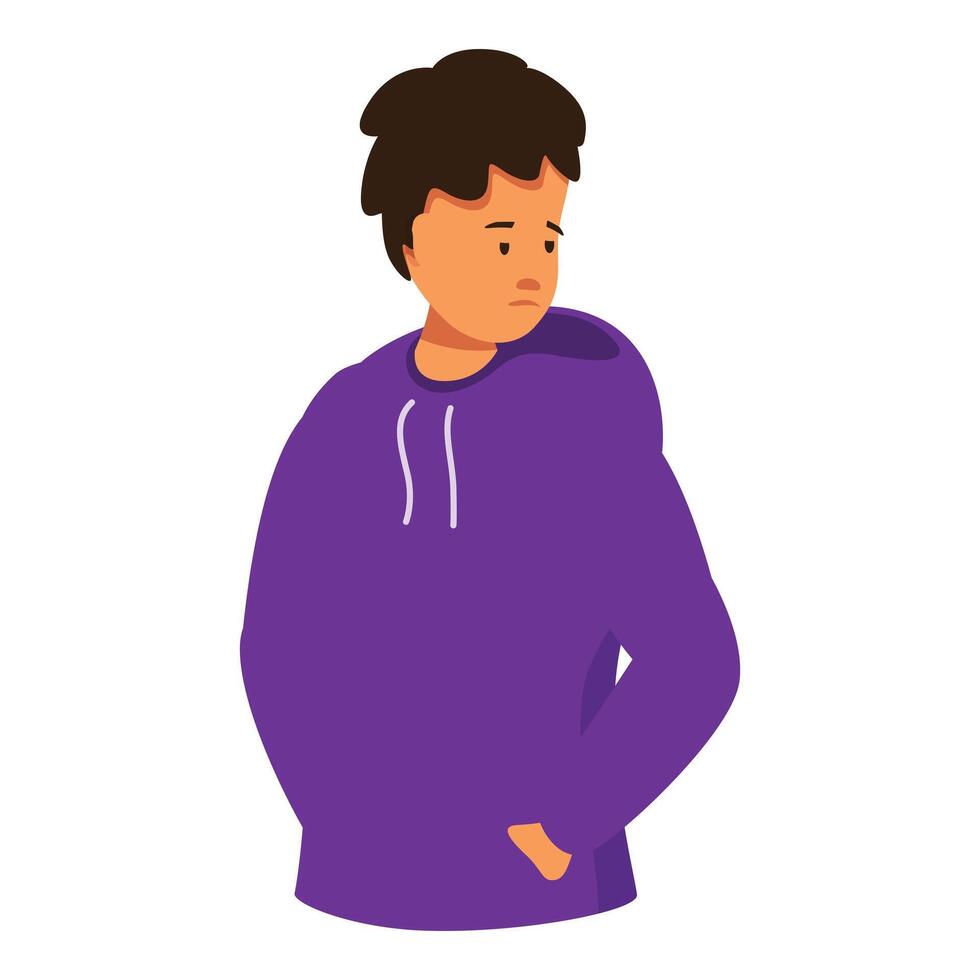 Young man wearing a purple hoodie looking down with a sad expression vector