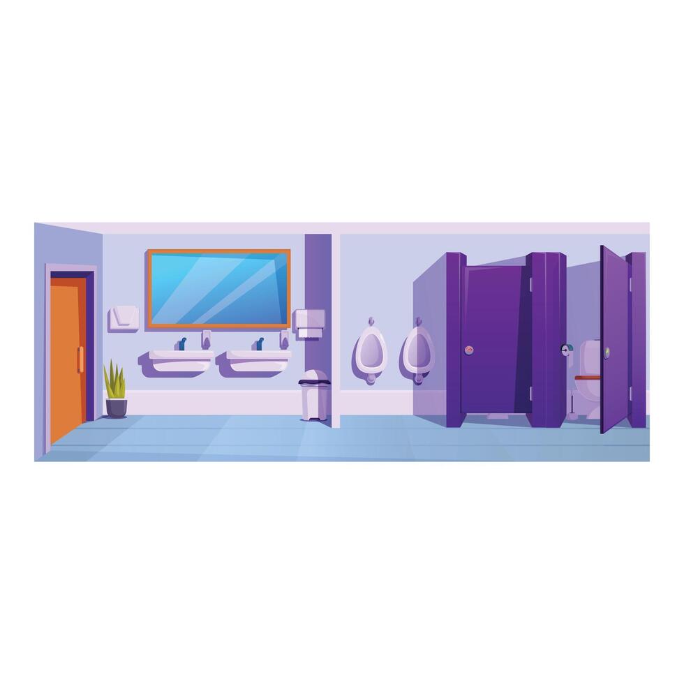 Empty public toilet interior with sinks, urinals, and stalls, a contemporary restroom design vector