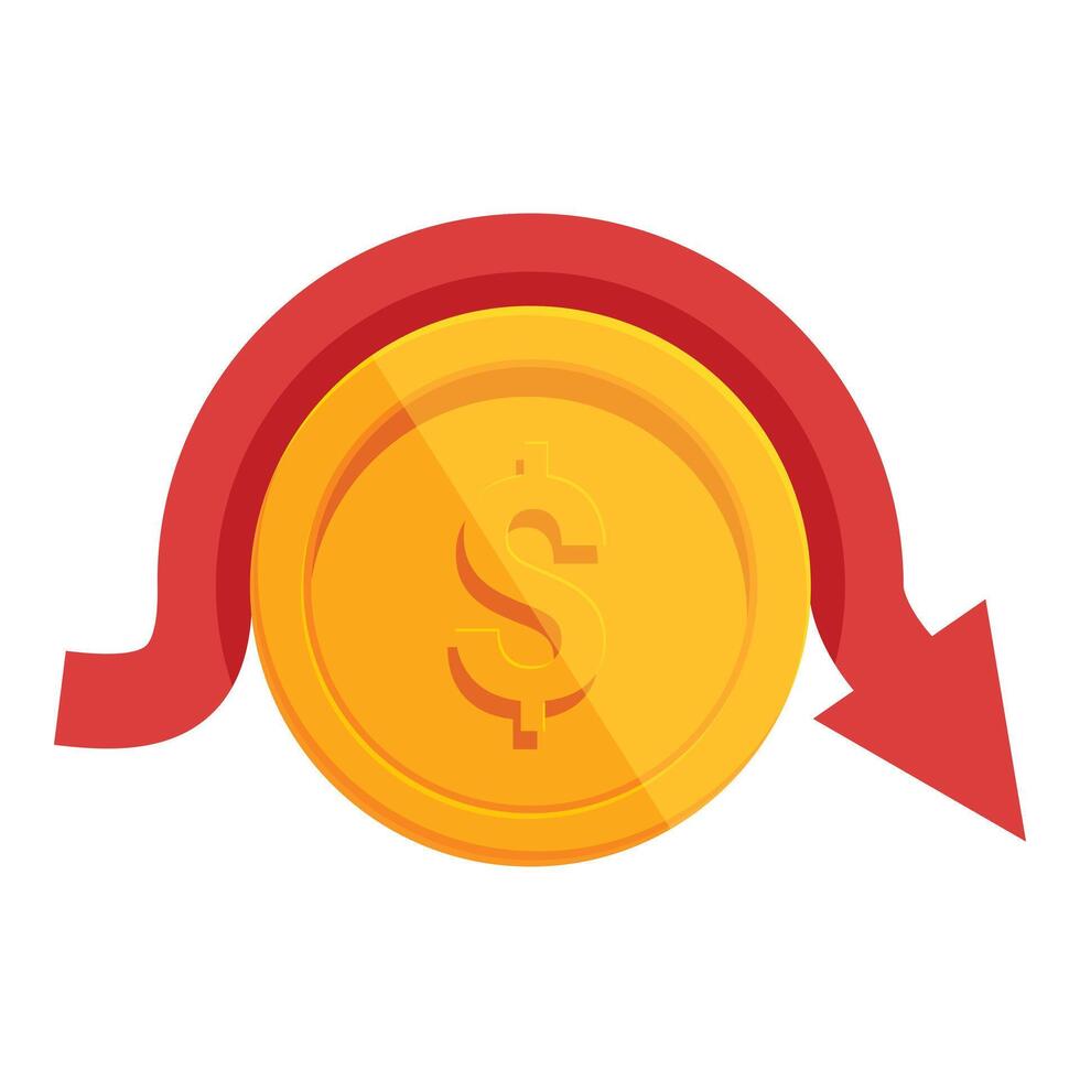 Red downward arrow going around a gold coin with dollar sign vector