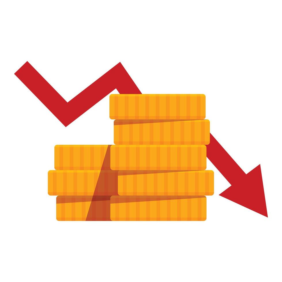 Red arrow going down over decreasing stack of coins representing economic crisis vector