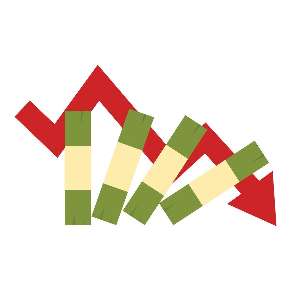 Red arrow graph is going down through stack of money bills vector