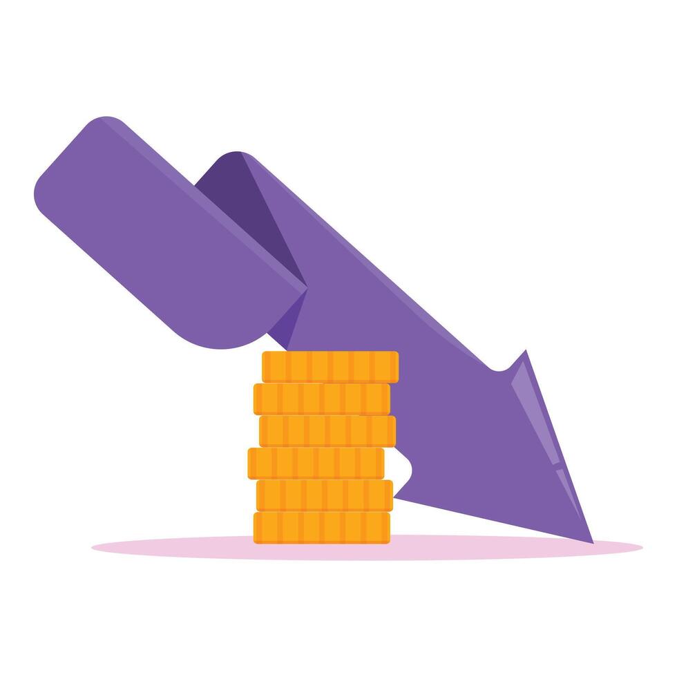 Big purple arrow pointing down near stack of coins vector