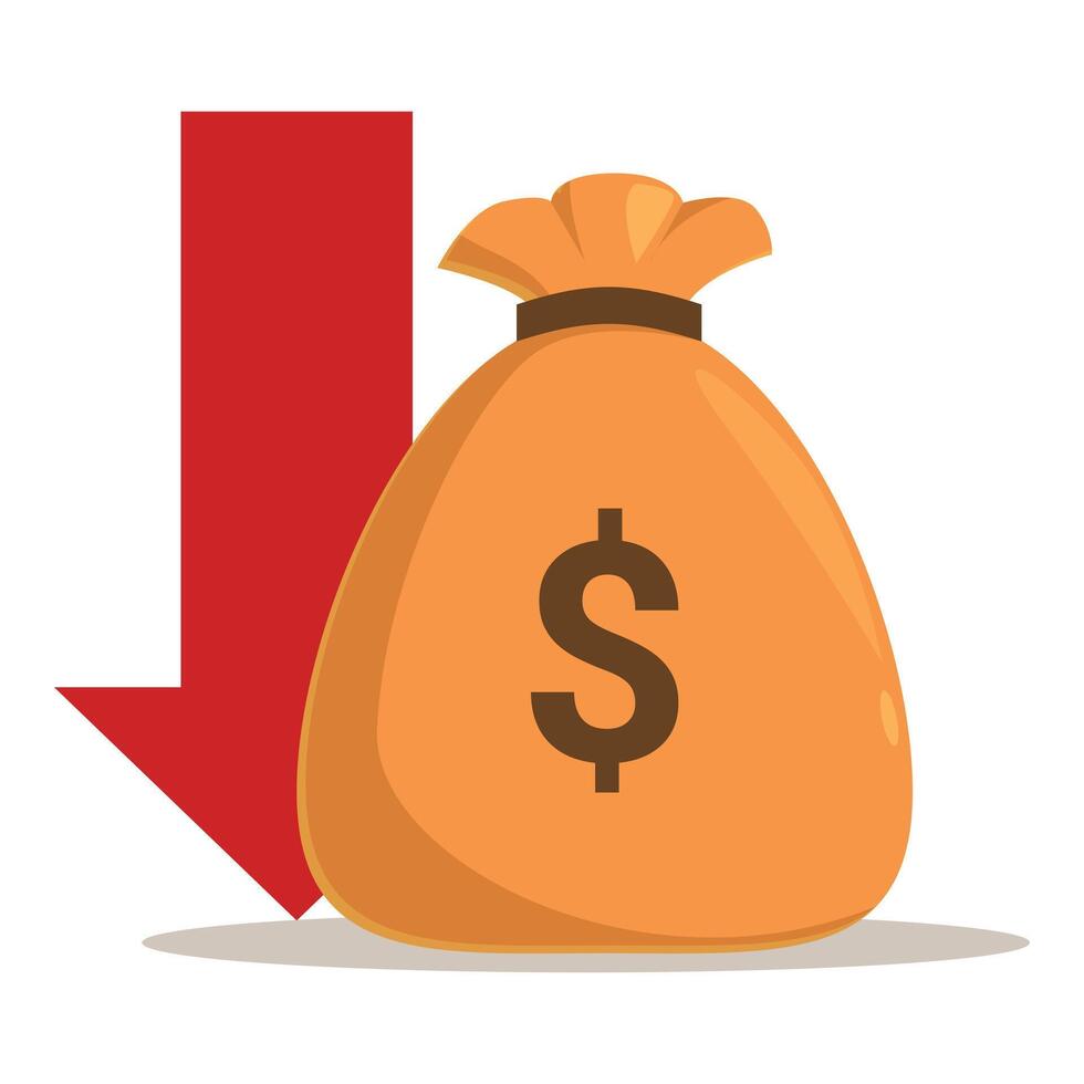 Red arrow pointing down next to money bag with dollar sign illustrating market crash vector
