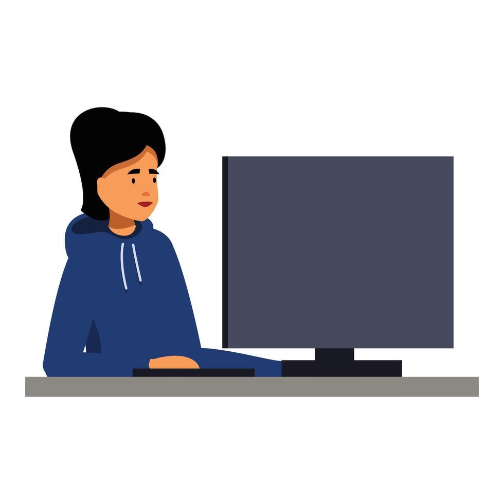 Young woman working from home office using desktop computer vector