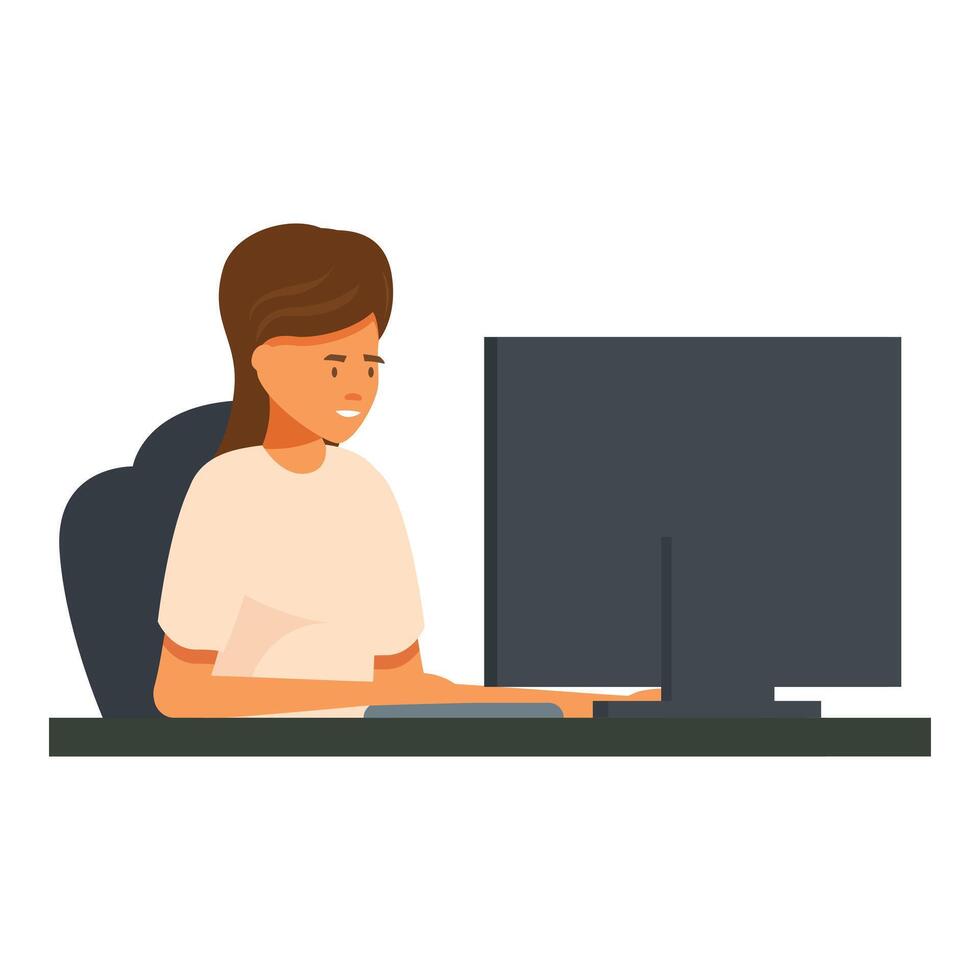 Young woman working from home typing on desktop computer keyboard vector