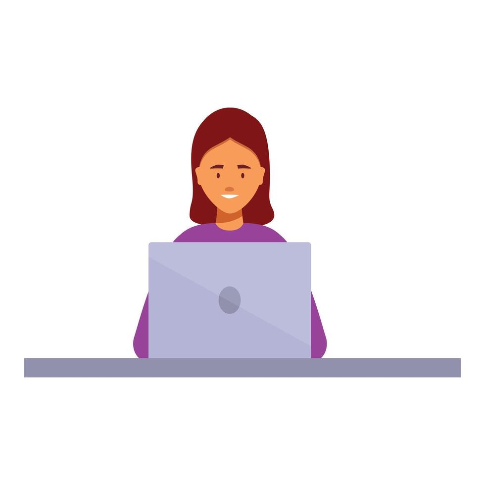 Smiling woman working on laptop at desk vector