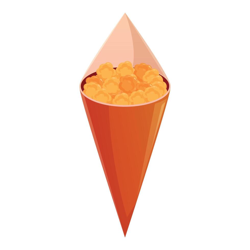 Orange paper cone overflowing with delicious crunchy caramel popcorn vector