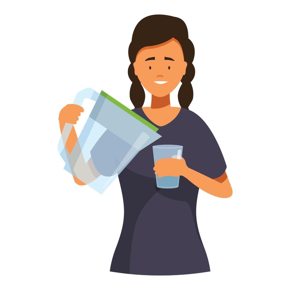 Woman pouring purified water into glass from filter pitcher vector