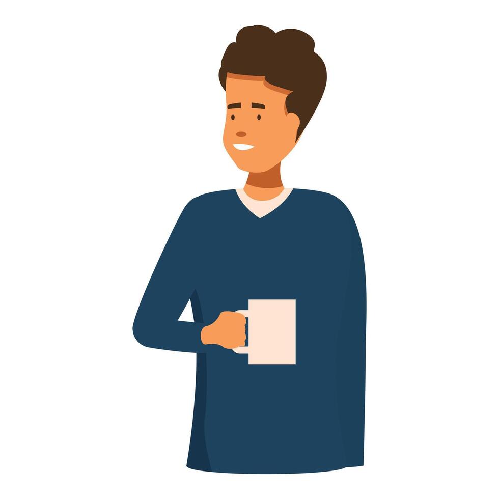 Young man holding a mug, smiling and looking away vector