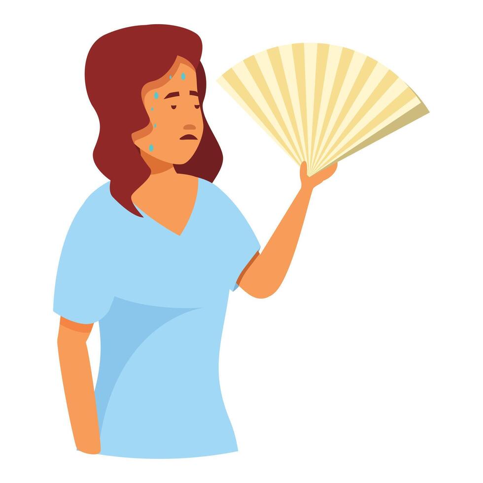 Young woman sweating and feeling hot waving with hand fan vector