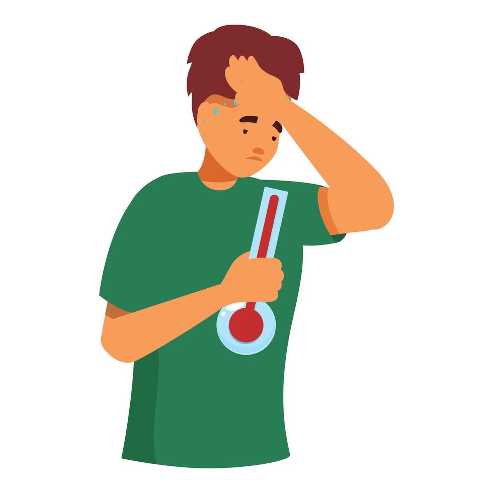 Sick young man holding thermometer feeling unwell having fever vector