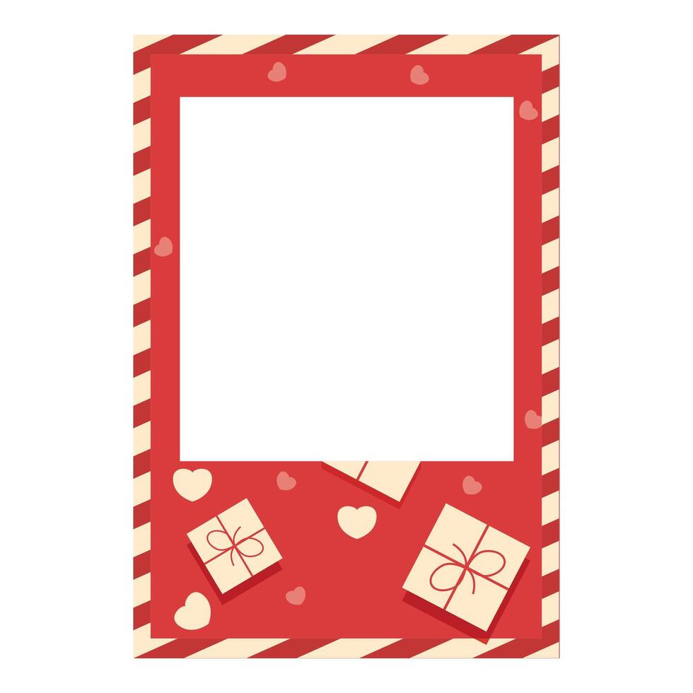 Red photo frame decorated with hearts and gifts for valentine's day vector