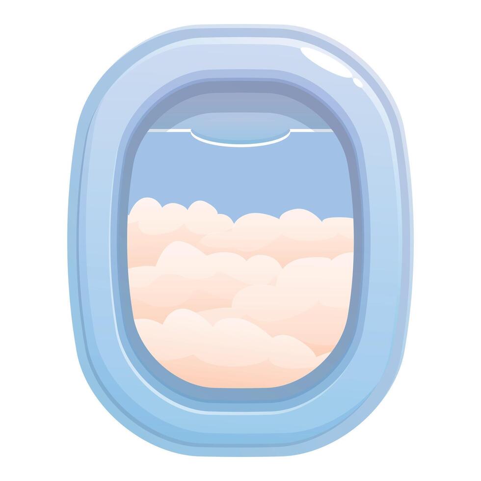Airplane window showing blue sky and pink clouds during flight vector