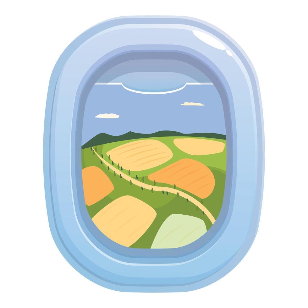 Airplane window showing green and yellow fields during flight vector