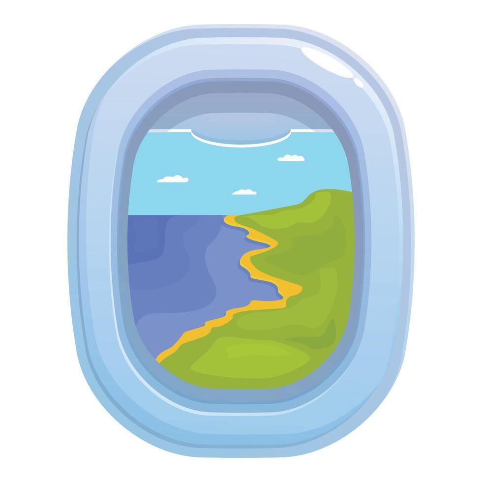Airplane window showing beautiful coastline with green hills and blue ocean vector