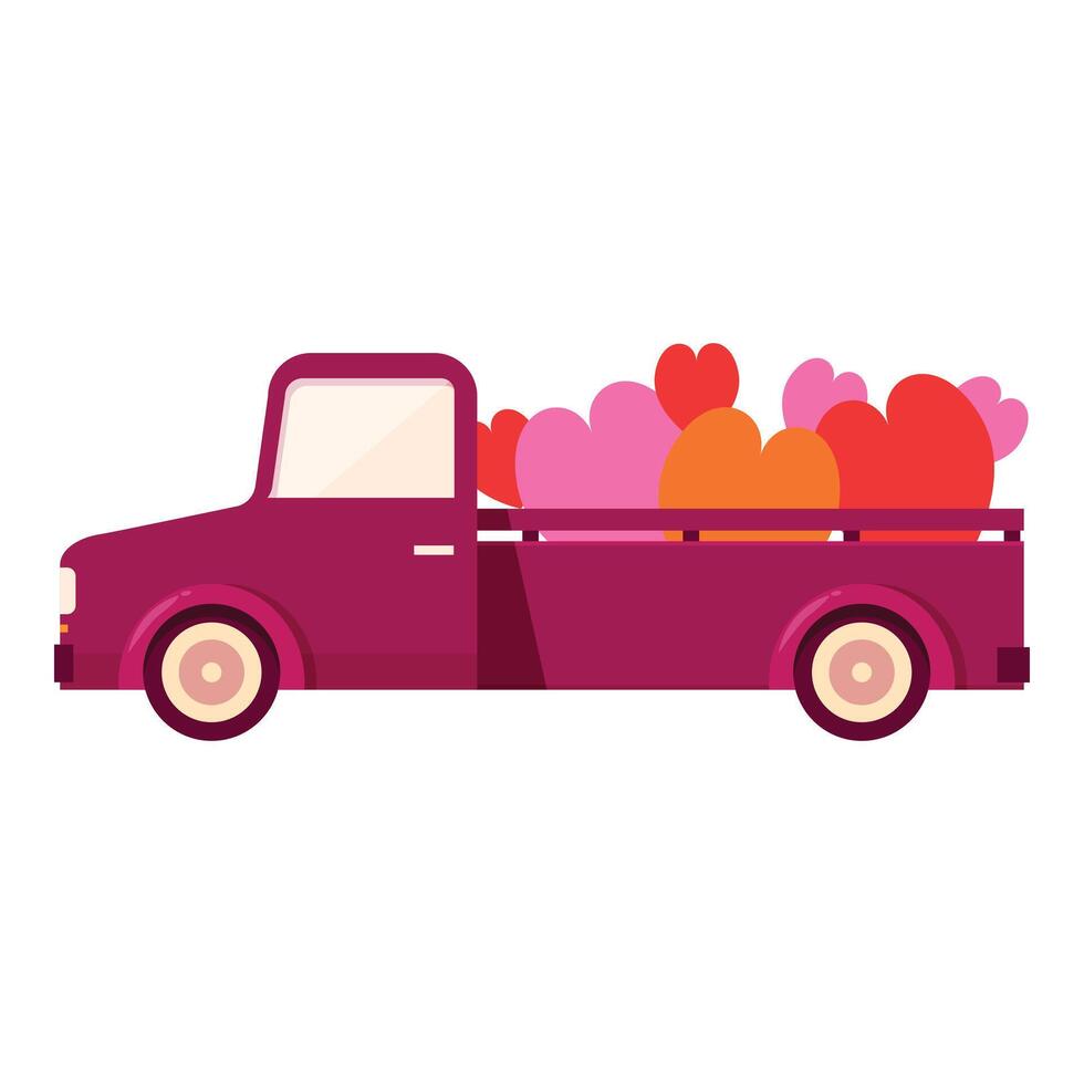 Red pickup truck carrying a large load of colorful hearts vector