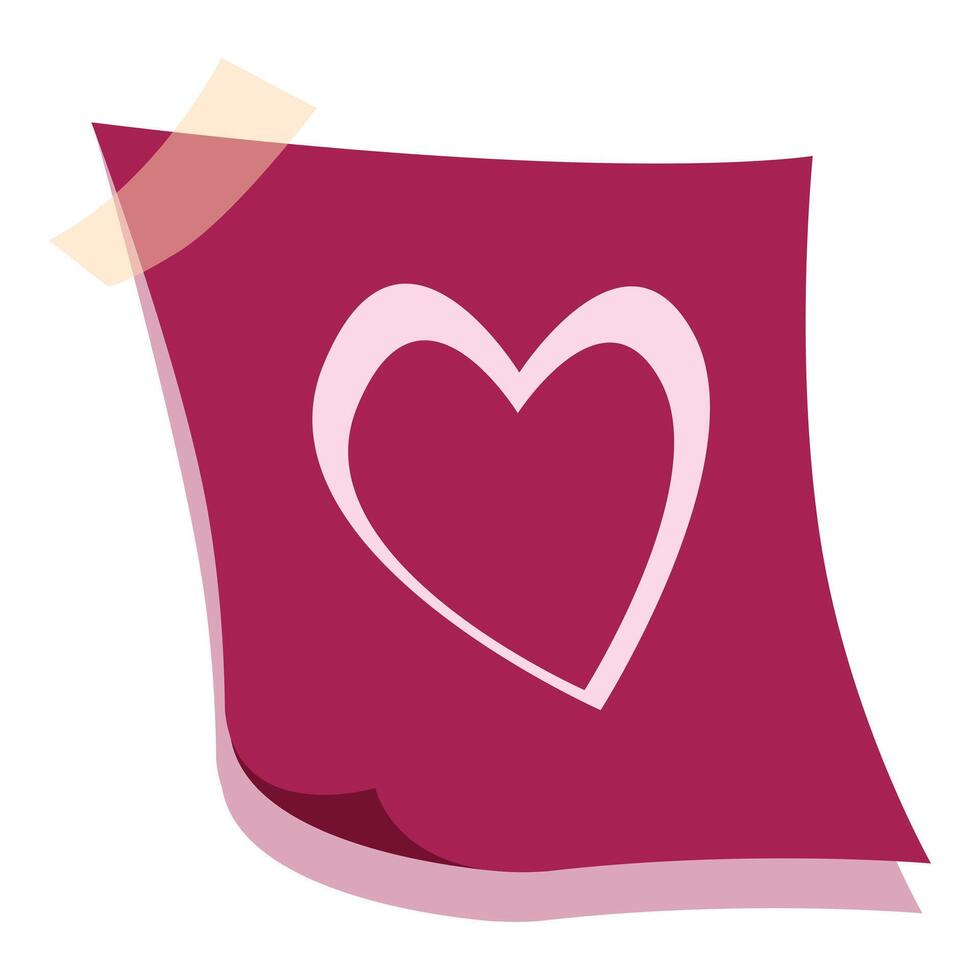 Pink paper note with heart shape drawing attached with tape vector