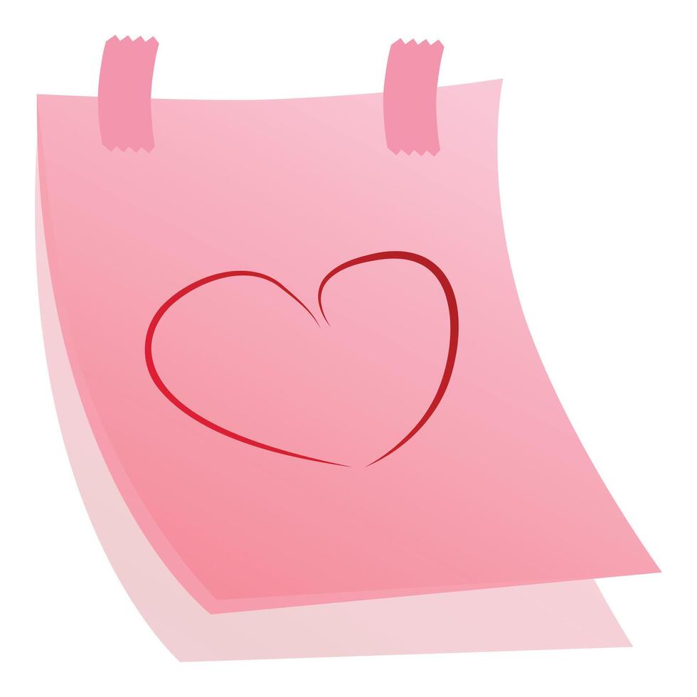 Pink sticky note paper with red heart drawing attached with tape vector