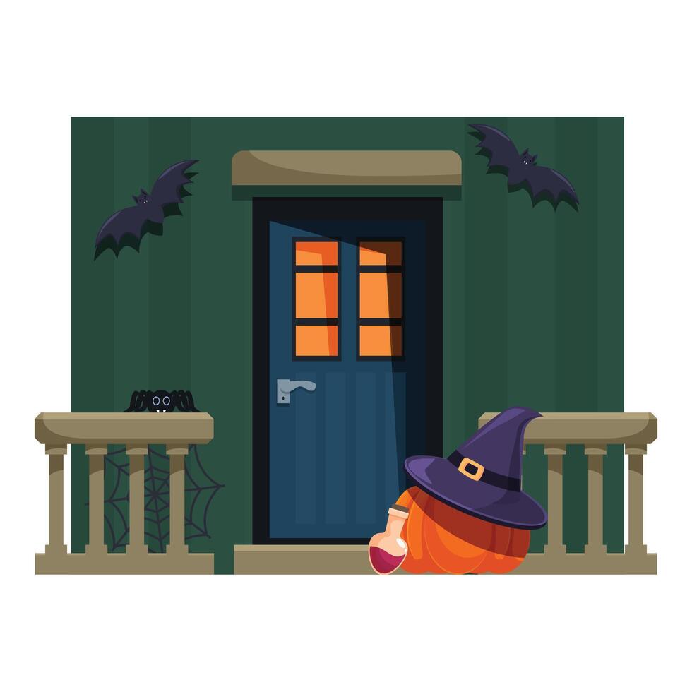 Halloween porch decorated with bats, spider, potion, and pumpkin wearing witch hat vector