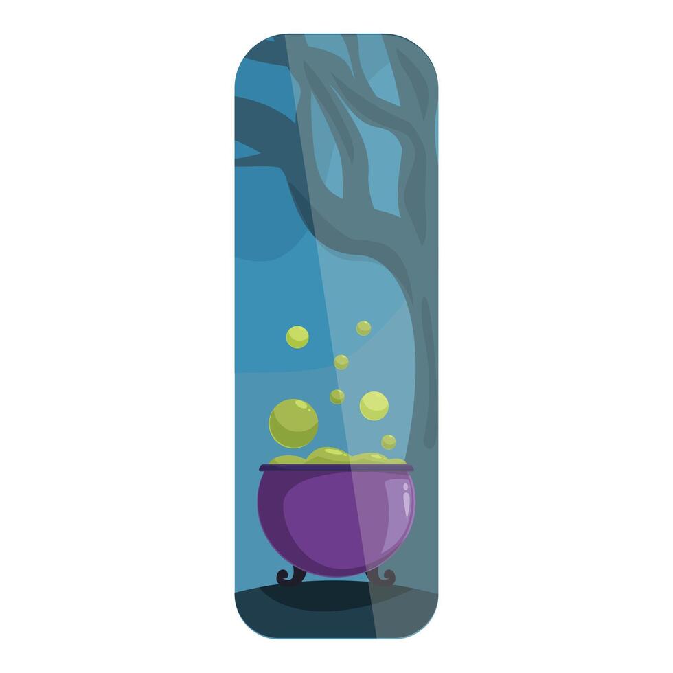 Purple witch's cauldron is bubbling a green potion under a spooky tree at night vector