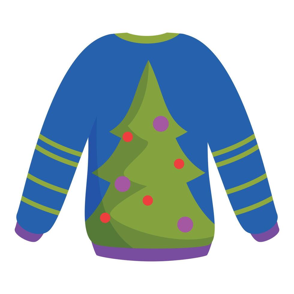 Blue christmas sweater featuring decorated green tree on the back vector