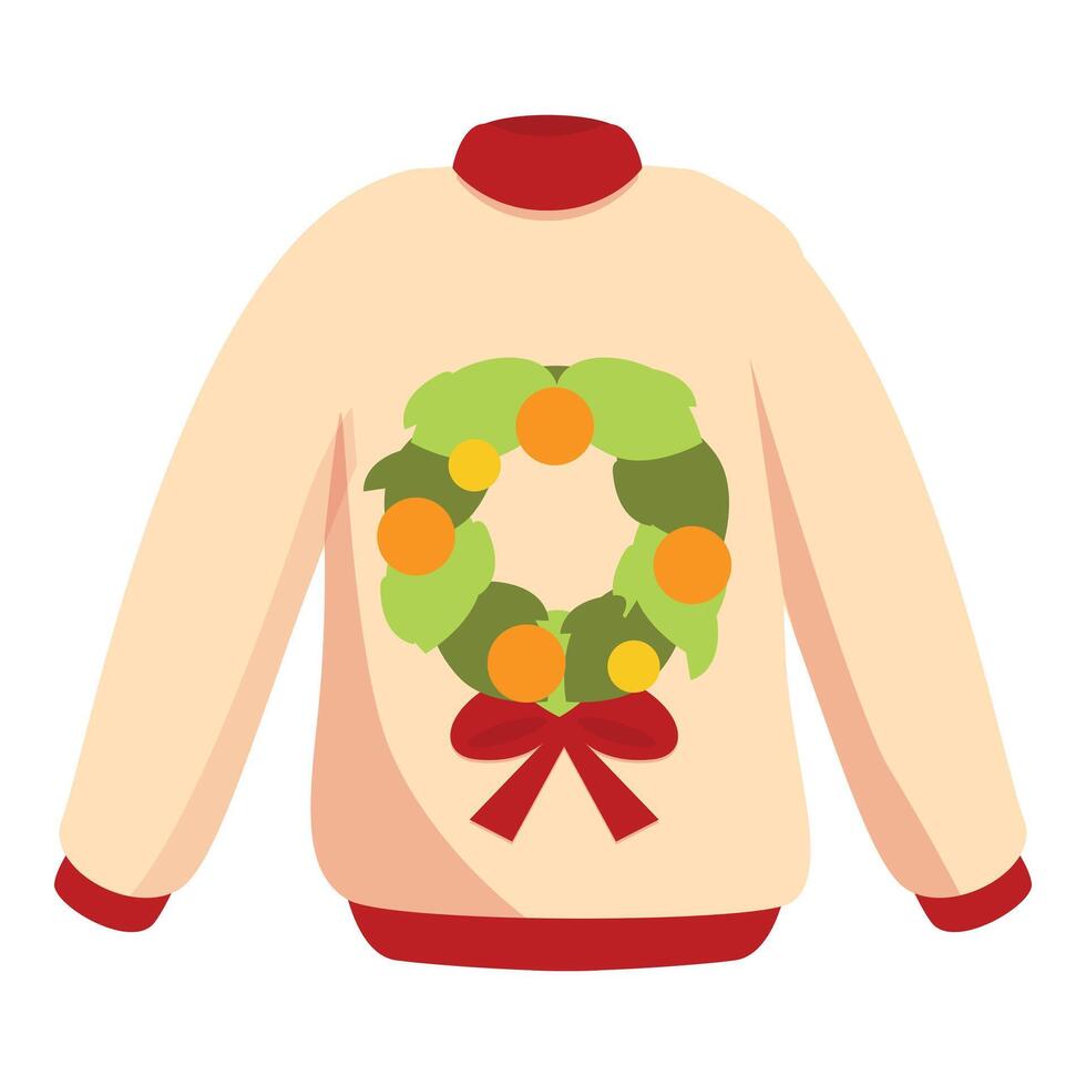 Christmas wreath with a red bow is decorating this beige winter pullover vector