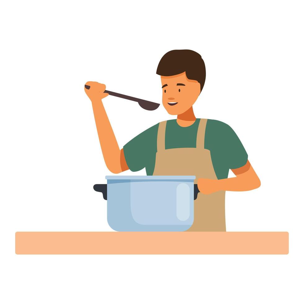 Young man is tasting his food with a wooden spoon while cooking vector
