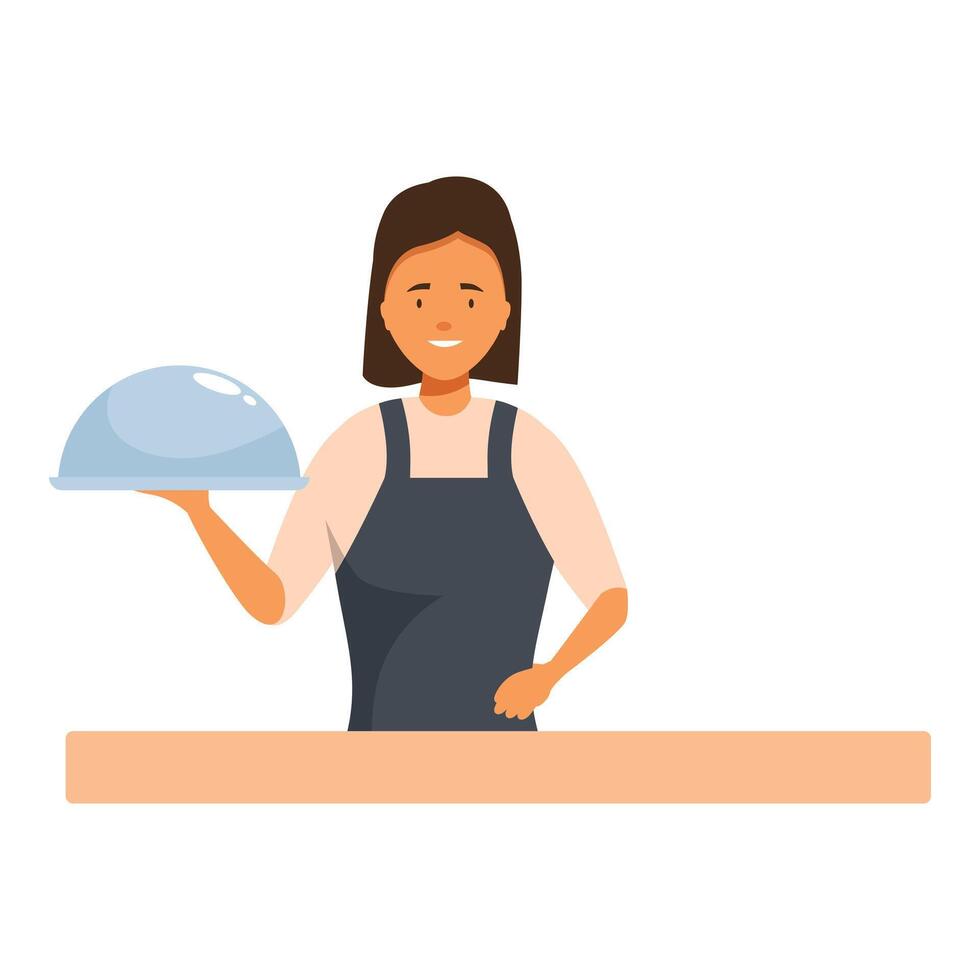 Smiling waitress holding a covered restaurant serving tray vector